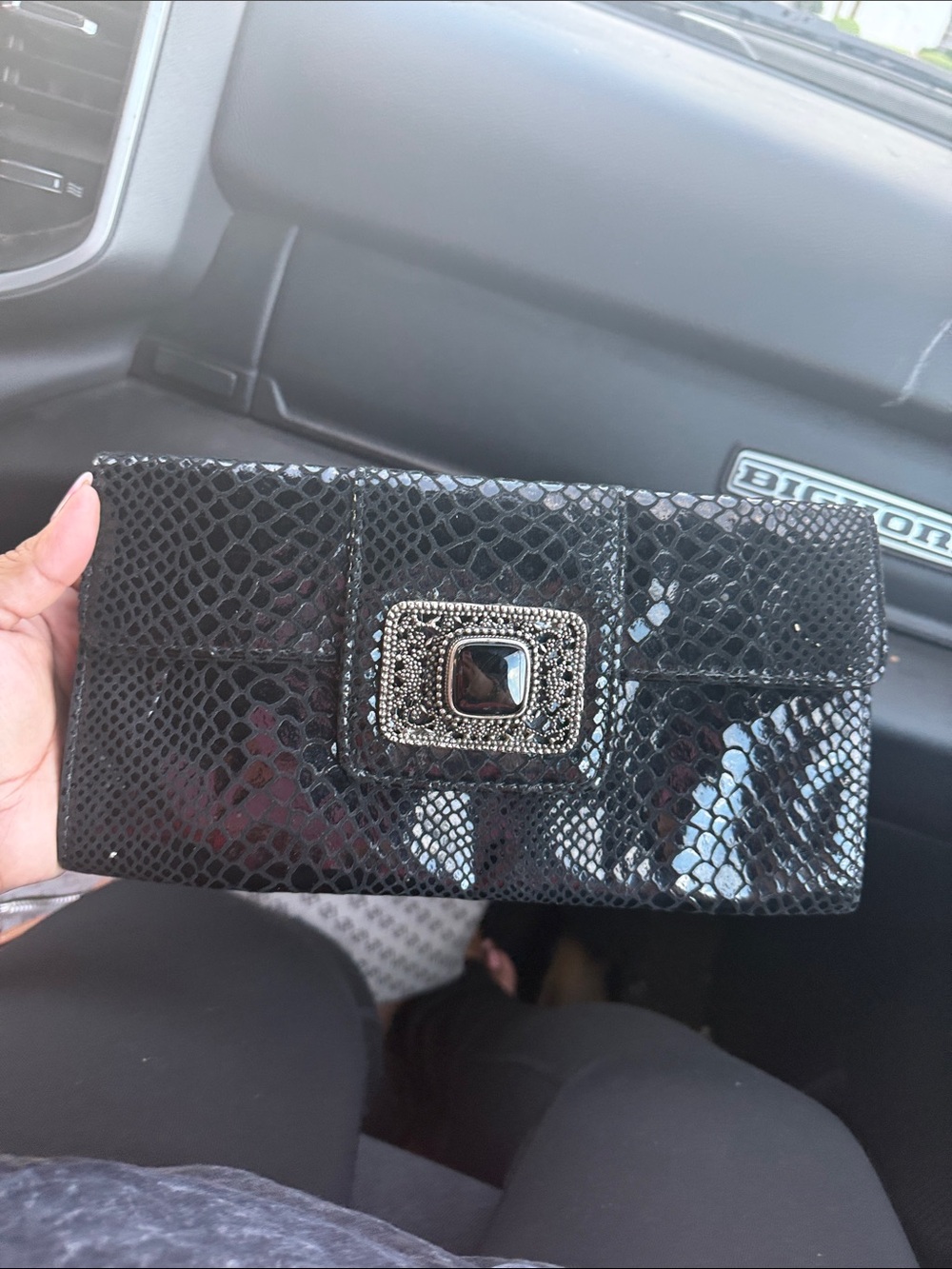 Black Snake-Embossed Gloss Clutch with Jeweled Buckle